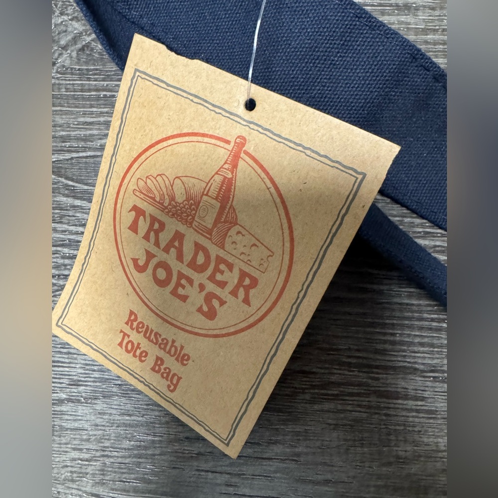 Trader Joe’s Traditional Reusable Large Tote Bag Canvas Cream/ Blue New With Tag - Picture 4 of 8